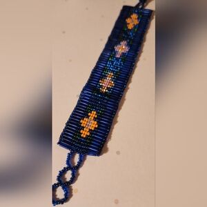 Handmade Mexican Huichol Style Beaded Cuff Bracelet Floral Blue Bugle Beads 7"